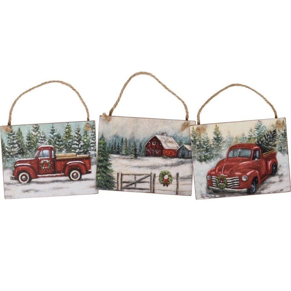 Winter Christmas Farm Life Red Truck/Barn Winter Scene Set Of 3 Wood Ornaments